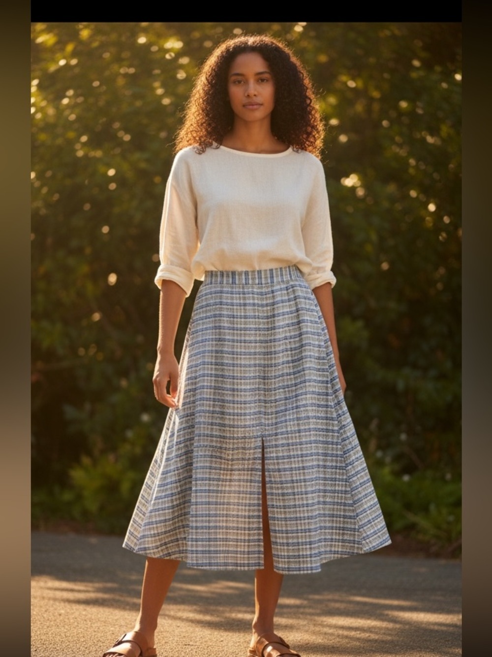 Nation Los Angeles Plaid Double-Layer Midi Skirt NWT Blue Tan Plaid
